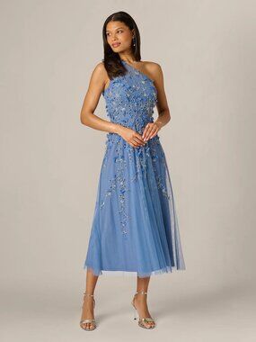 Adrianna Papell ✨ One Shoulder 3D Floral Beaded Ankle Dress French Blue 16 NWT
